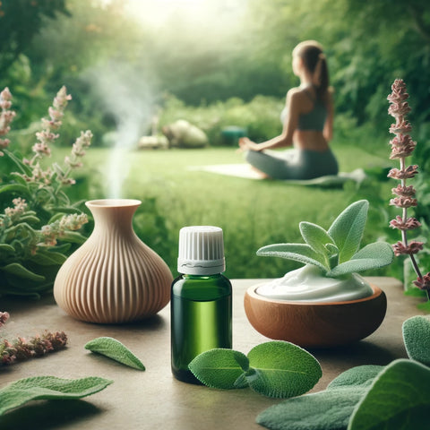 Tranquil scene of clary sage essential oil in a small glass bottle, surrounded by clary sage plants in a garden. Includes a diffuser emitting mist, a bowl of clary sage-infused facial cream, and a person practicing yoga in the background, conveying the calming uses of the oil.