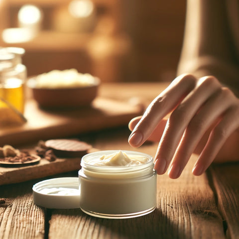 Close-up view of a hand applying cocoa butter lotion, showcasing its rich and creamy texture. A small jar of cocoa butter is subtly visible in the soft-focused background on a wooden table, creating a warm, cozy, and nurturing setting