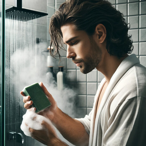 An image depicting a man in a modern bathroom, using a green natural shampoo bar under the shower. He has medium-length hair and is lathering it with the shampoo. The bathroom features sleek, minimalist white tiles and a clear glass shower enclosure. Steam surrounds the man, creating a serene atmosphere as he enjoys his grooming routine