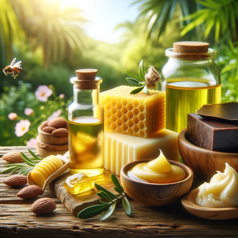 An image showcasing natural skincare ingredients in a scenic outdoor setting. Featured are a block of yellow beeswax, a small glass bottle of golden olive oil, a scoop of creamy shea butter, and a chunk of brown cocoa butter, all arranged on a wooden surface. The background is adorned with lush greenery and blooming flowers, highlighting the organic and eco-friendly nature of the products. The scene is bathed in soft, natural light, enhancing the vibrant textures and colors of the ingredients.