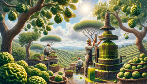 A picturesque scene of bergamot trees laden with knobby green fruits in Southern Italy. In the foreground, Italian farmers are pressing the bergamot fruits using traditional wooden presses to extract essential oils. Greenish oil is collected in containers. The backdrop features rolling hills and a bright, sunny sky, typical of the Italian countryside.