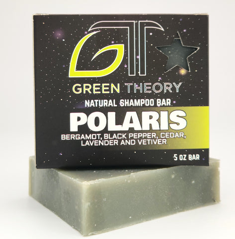 green theory naturals polaris shampoo bar box sitting on top of a shampoo bar