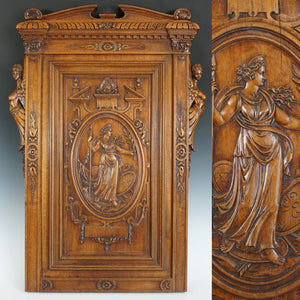 Large Antique French Hand Carved Walnut Wood Wall Panel, Figural Athena & Caryatids, Furniture Salvage Cabinet Door Plaque