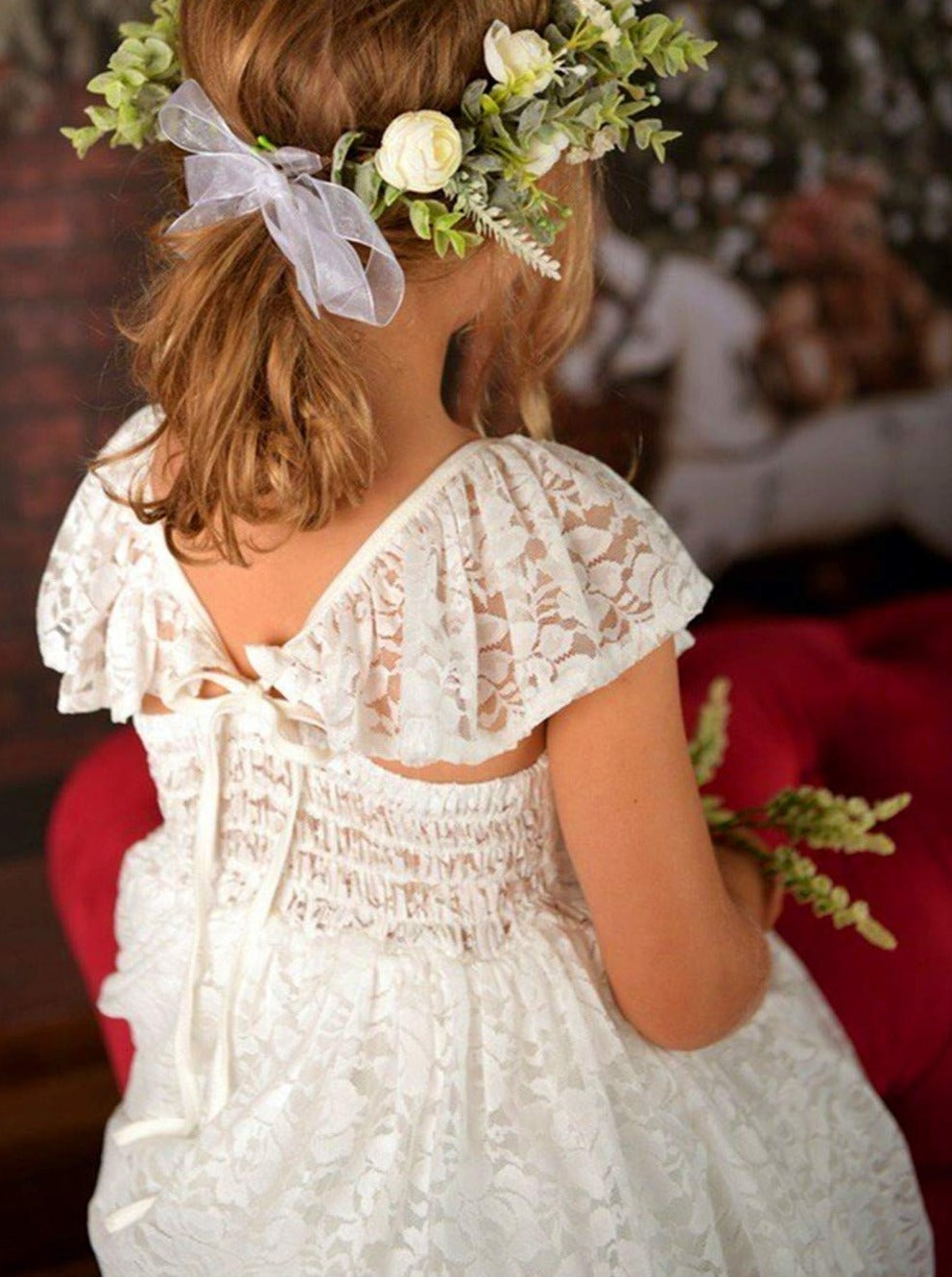 2 Bunnies Paisley All Lace Flower Girl Dress in White Off-Shoulder Tea-Length A-Line 5