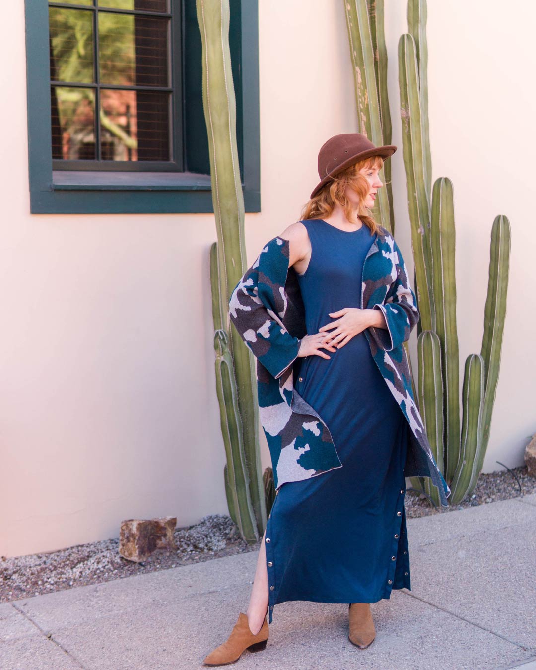 Misty Foster in Organic Cotton Clothing | Snap Maxi Dress | Knit Ink Blot Cardigan