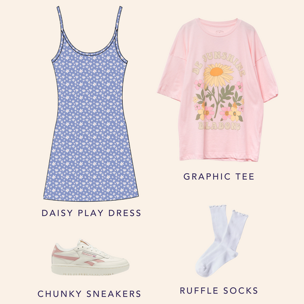 Moodboard with Daisy Play Dress, Pale Pink Graphic Tee, Chunky Sneakers, and Ruffle Socks.