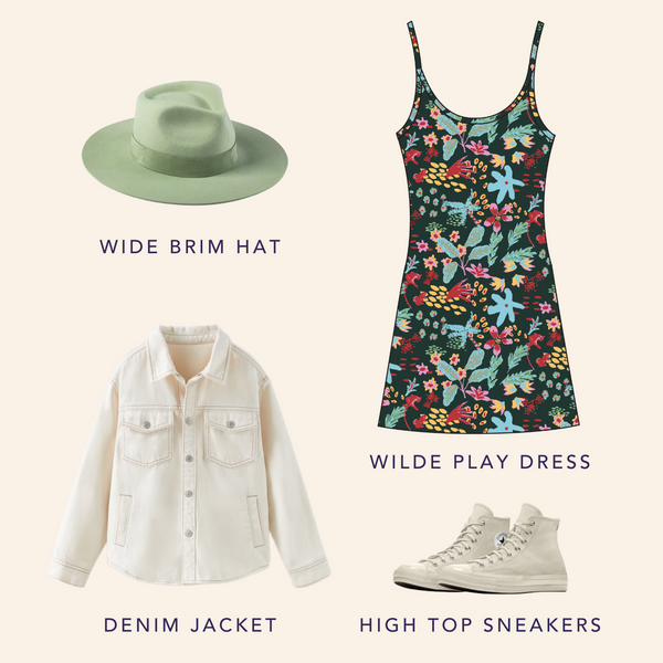 Moodboard with Wilde Play Dress, wide brimmed hat, denim jacket, and high top sneakers.