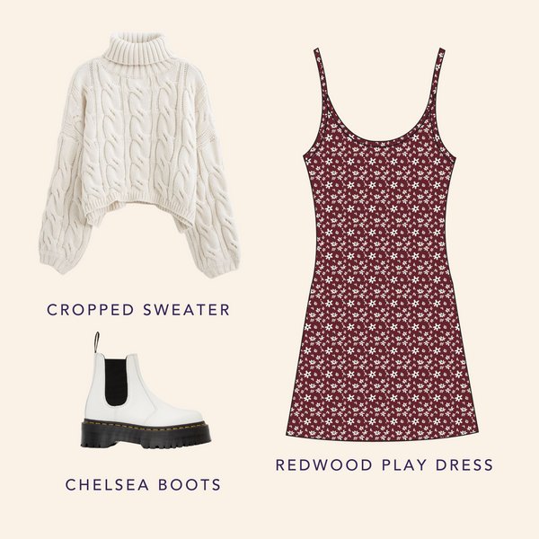 Moodboard with Redwood Play Dress, chunky knit sweater, and chelsea boots.