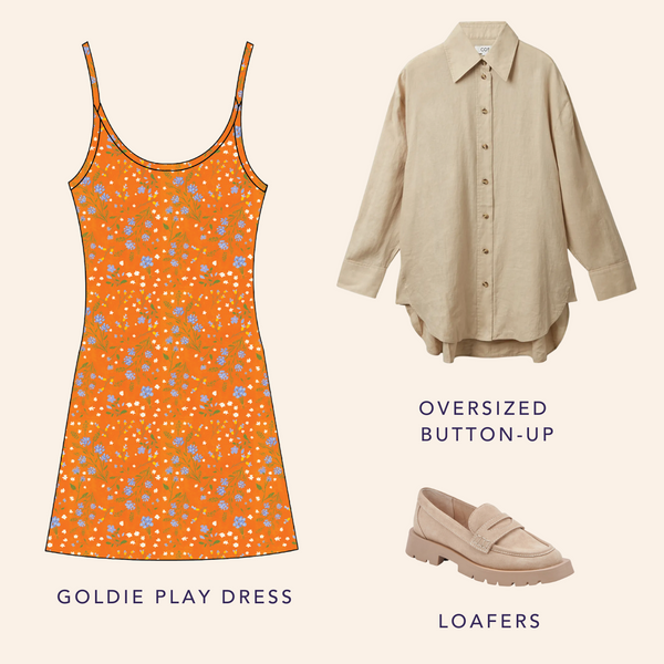 Moodboard with an oversized button up, loafers, and the Goldie Play Dress.