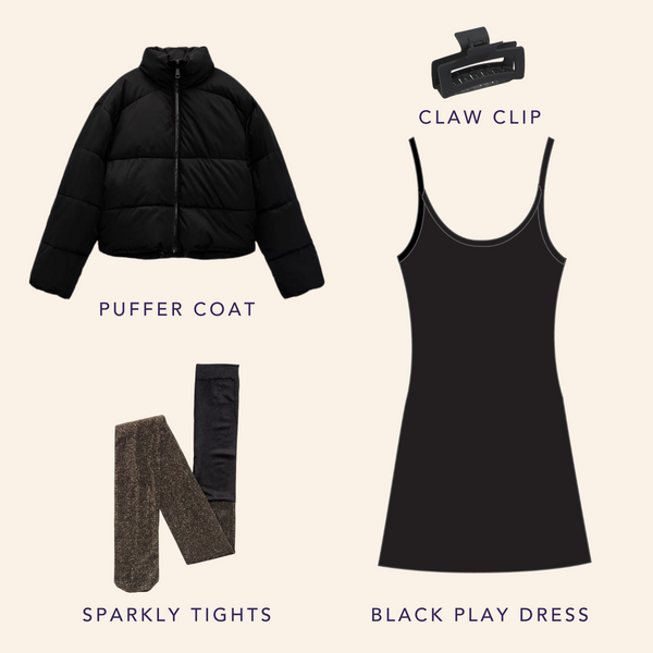 Moodboard with the Black Play Dress, sheer tights, puffer coat, and a claw clip.
