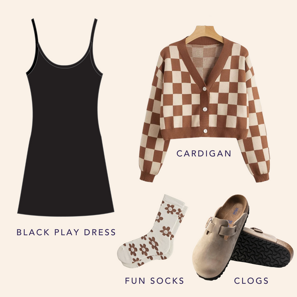 Moodboard with Black Play Dress, checkered knit sweater, printed socks, and clogs.