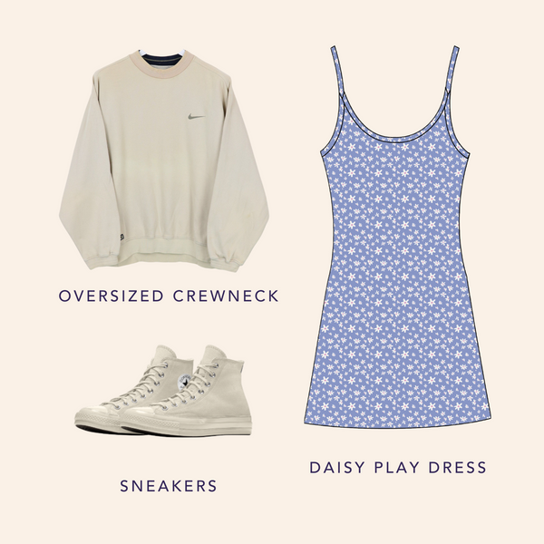 Moodboard with the Daisy Play Dress, oversized crewneck sweatshirt, and white high top sneakers.