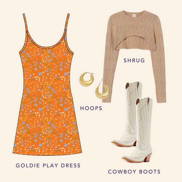 Moodboard with the Goldie Play Dress, a taupe shrug sweater, white cowgirl boots, and gold hoop earrings.