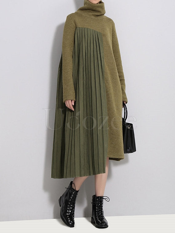 Cropped High-neck Split-joint Knitting Midi Dress