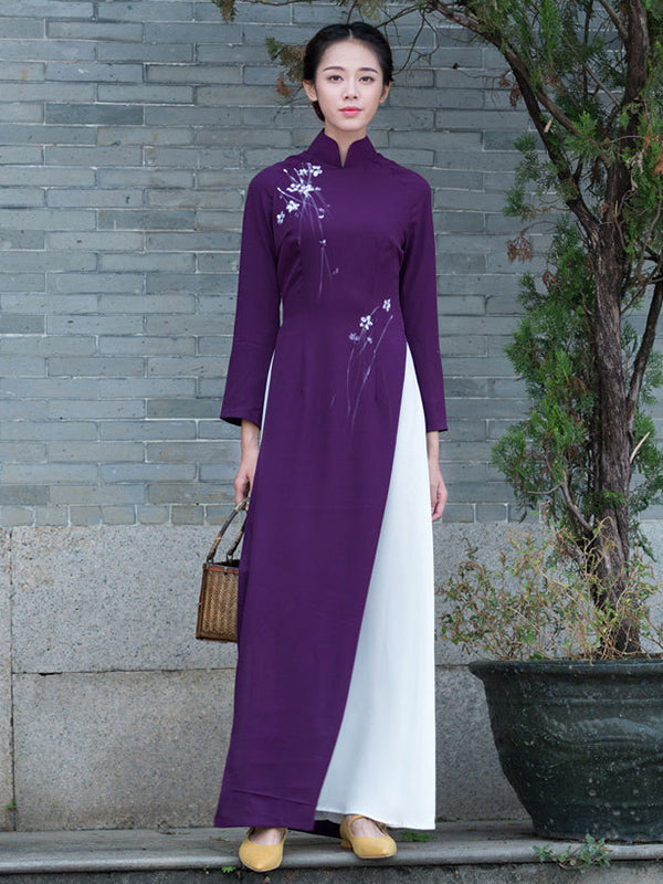 Purple Split Side Long Cheongsam Ao Dai Uoozee 