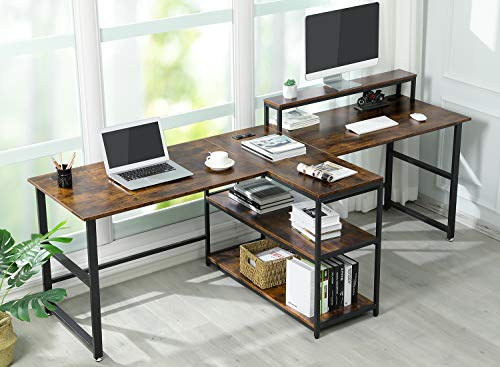 94 5 Inches Two Person Desk Double Computer Desk With Storage Shelves Furniturehouz