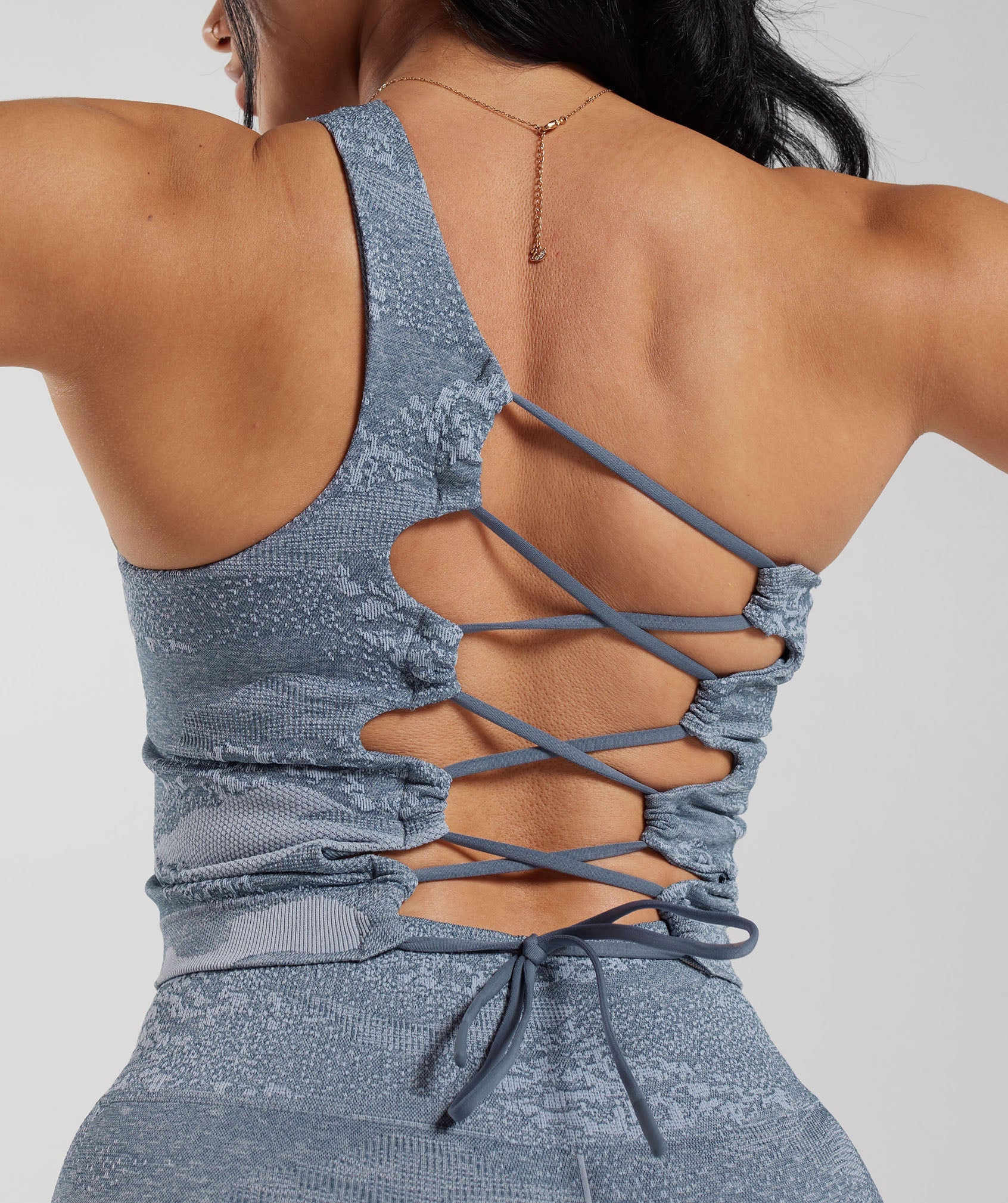 Gymshark Adapt Camo Seamless Lace Up Back Top - Lava, River Stone  Grey/Evening Blue