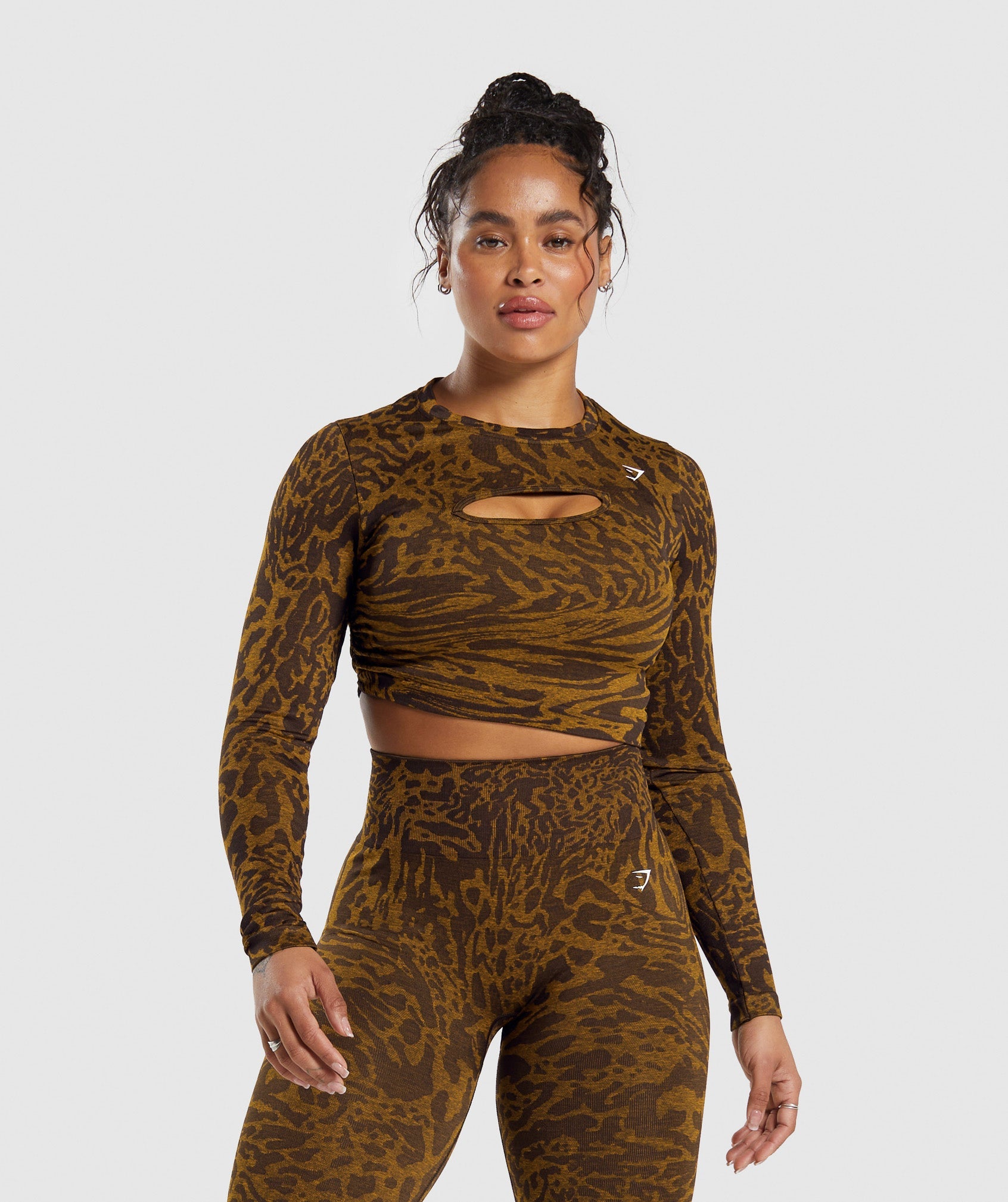 Adapt Safari Seamless Long Sleeve Crop Top in Archive Brown/Burnt Yellow - view 1