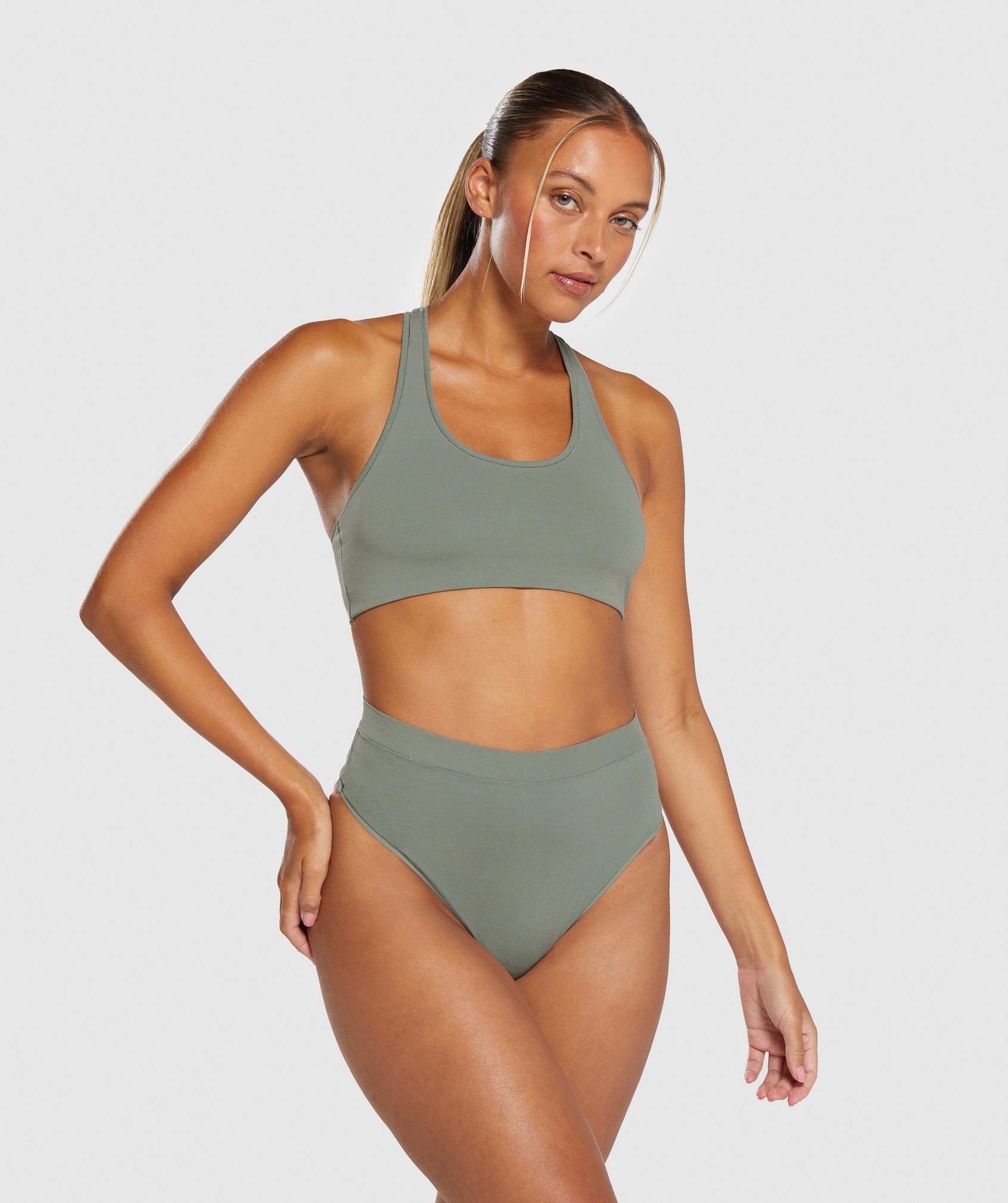 Cotton High Waisted Thong in Unit Green - view 3