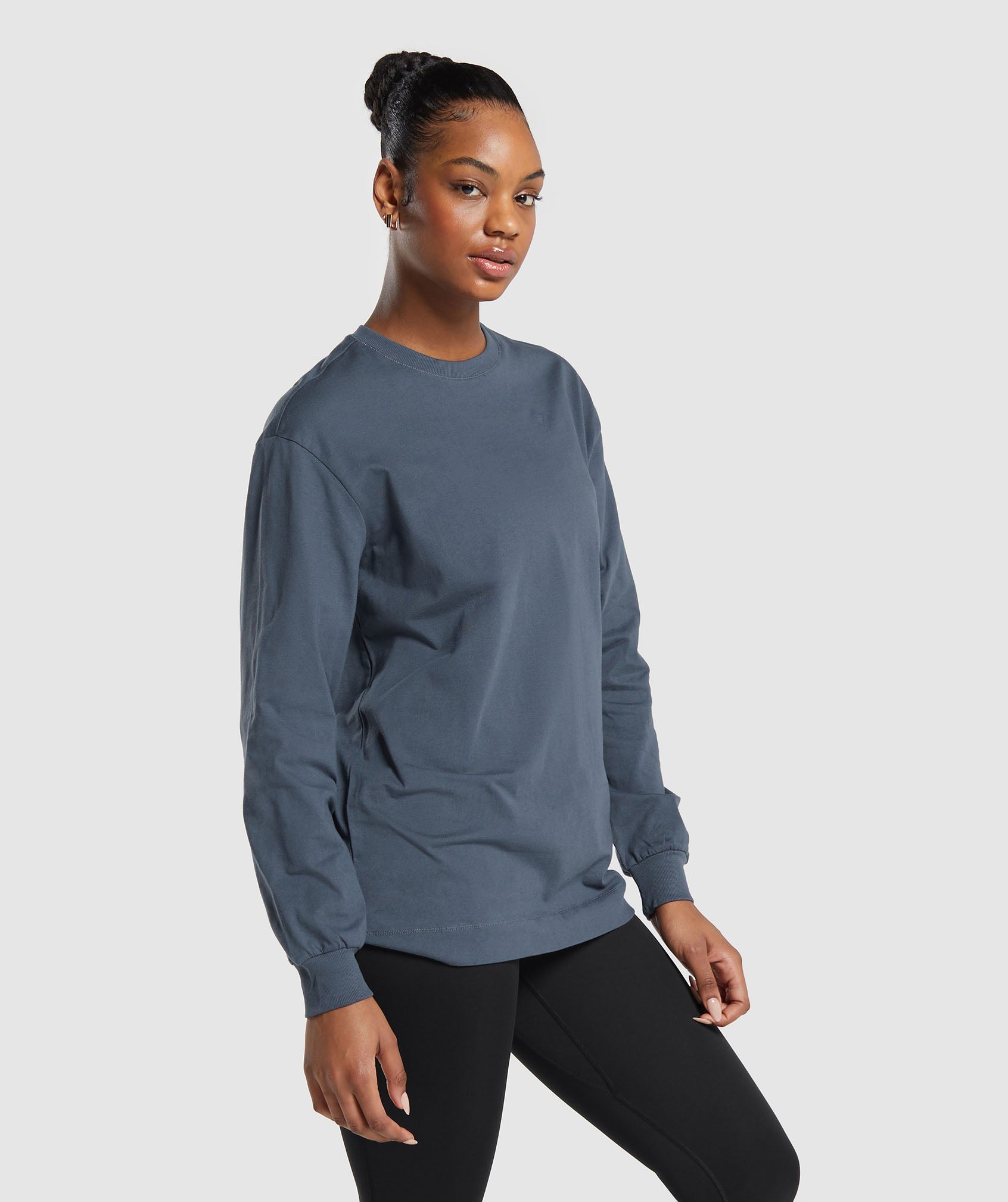 Cotton Oversized Long Sleeve Top in Titanium Blue - view 3