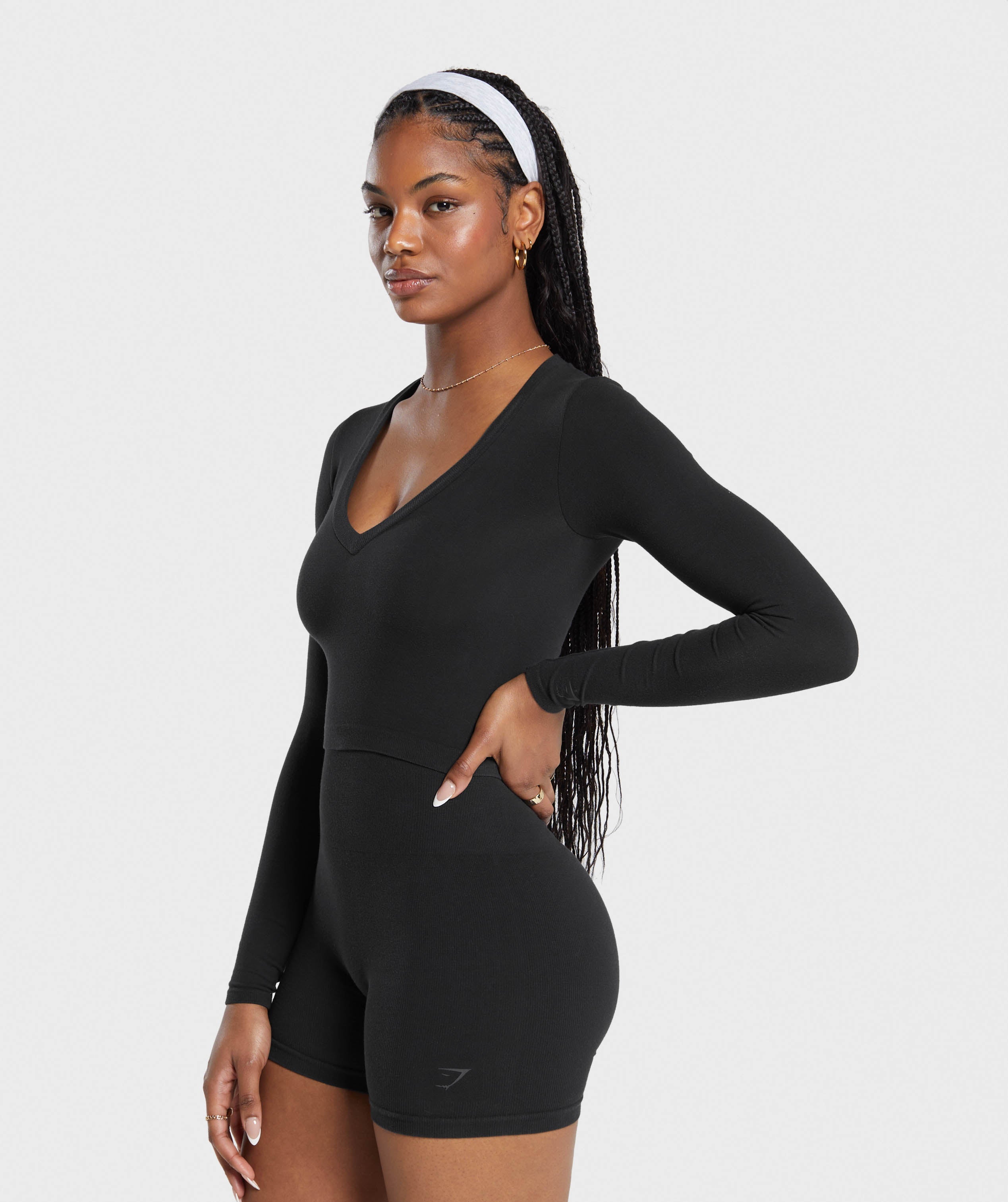 Cotton Seamless Long Sleeve Midi Top in Black - view 3