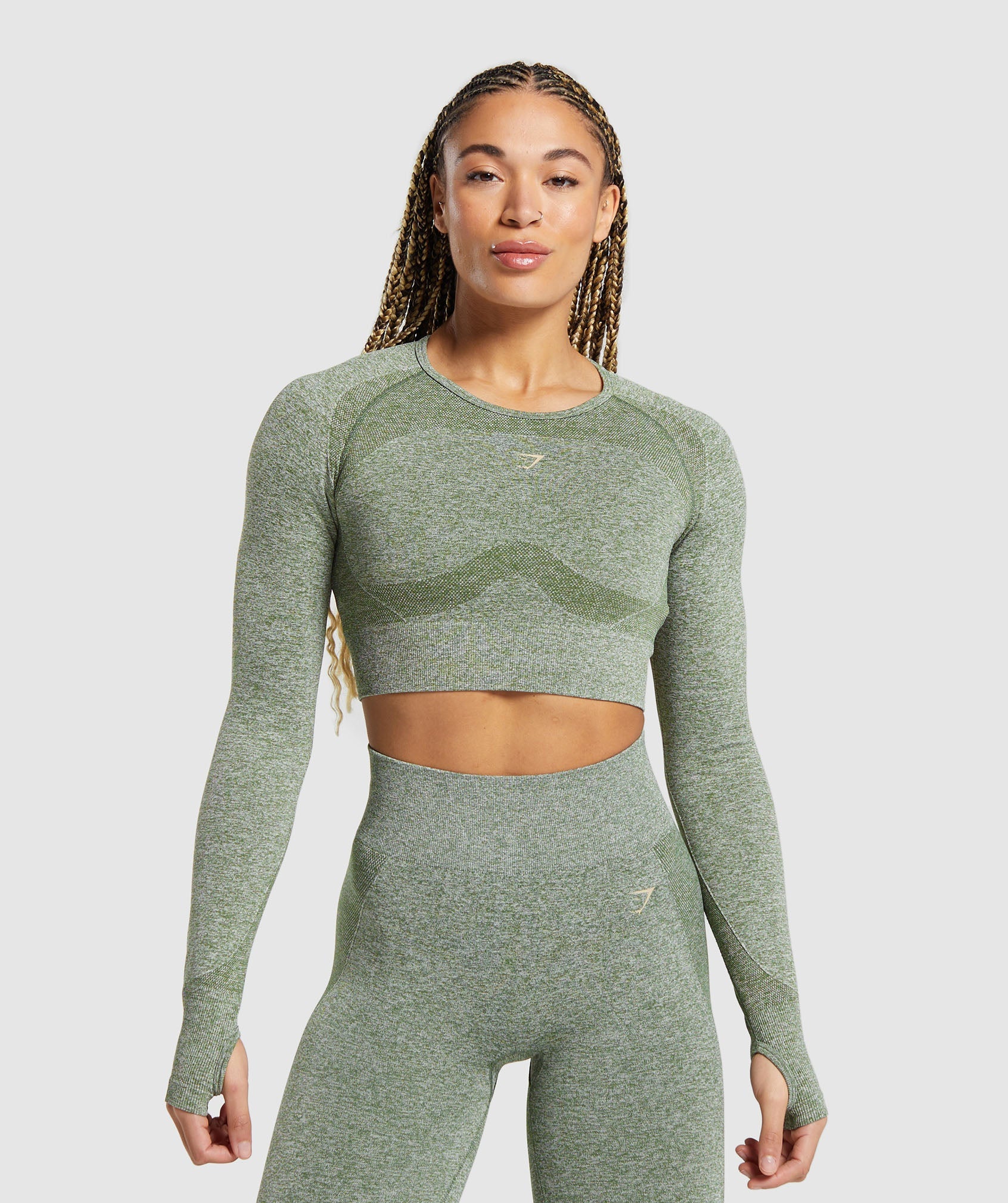 Flex Sports Long Sleeve Crop Top in Force Green/Vanilla Beige