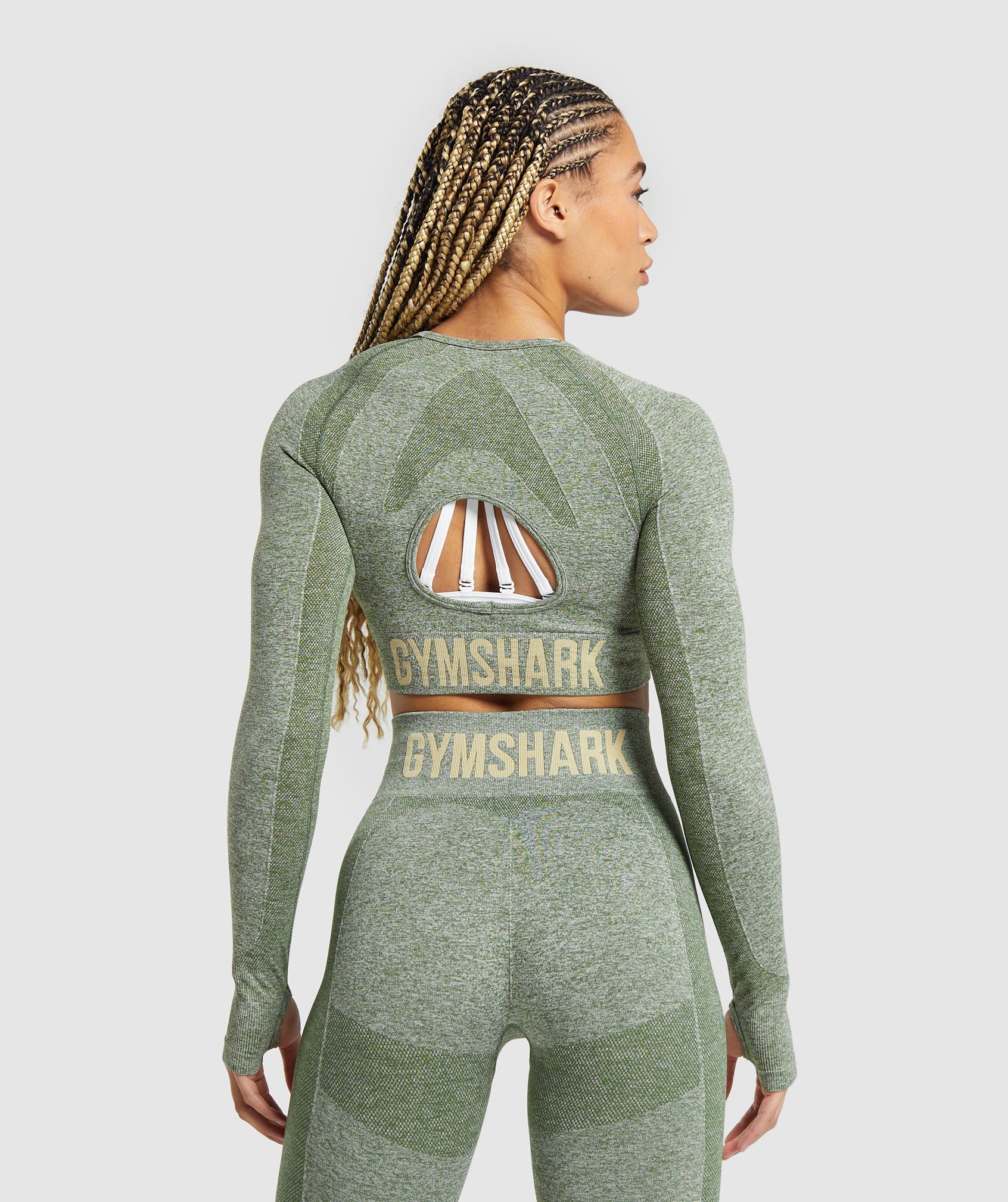 Flex Long Sleeve Crop Top in Force Green/Vanilla Beige - view 2