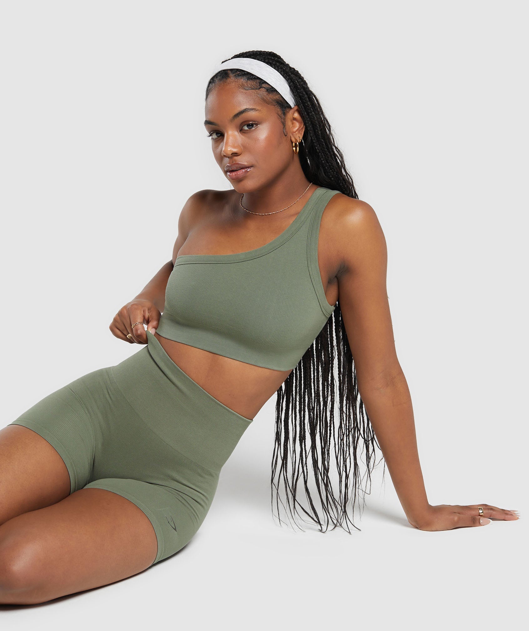 Ribbed Cotton Seamless One Shoulder  Bra in Base Green - view 4