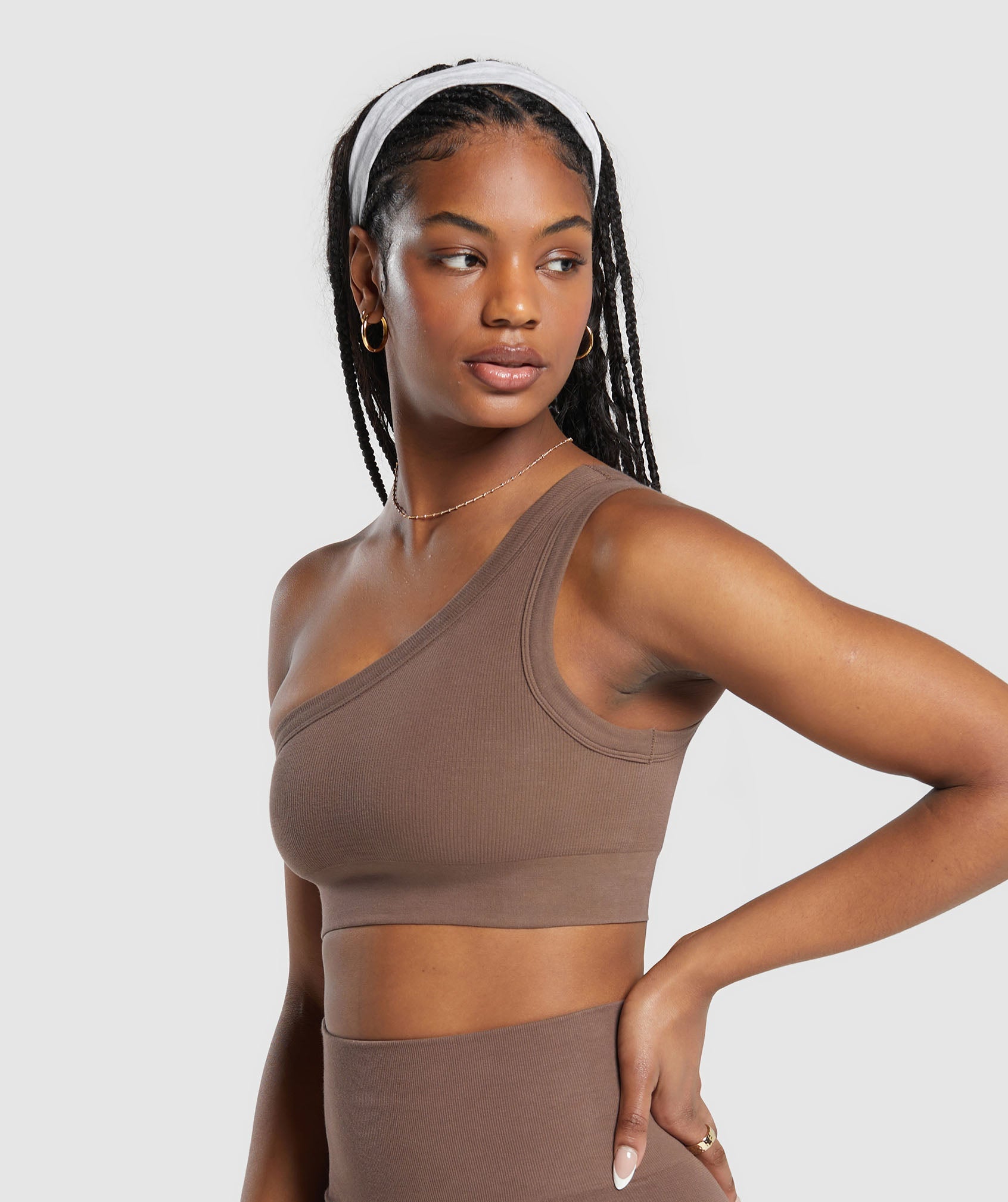 Ribbed Cotton Seamless One Shoulder Bra in Soft Brown - view 3