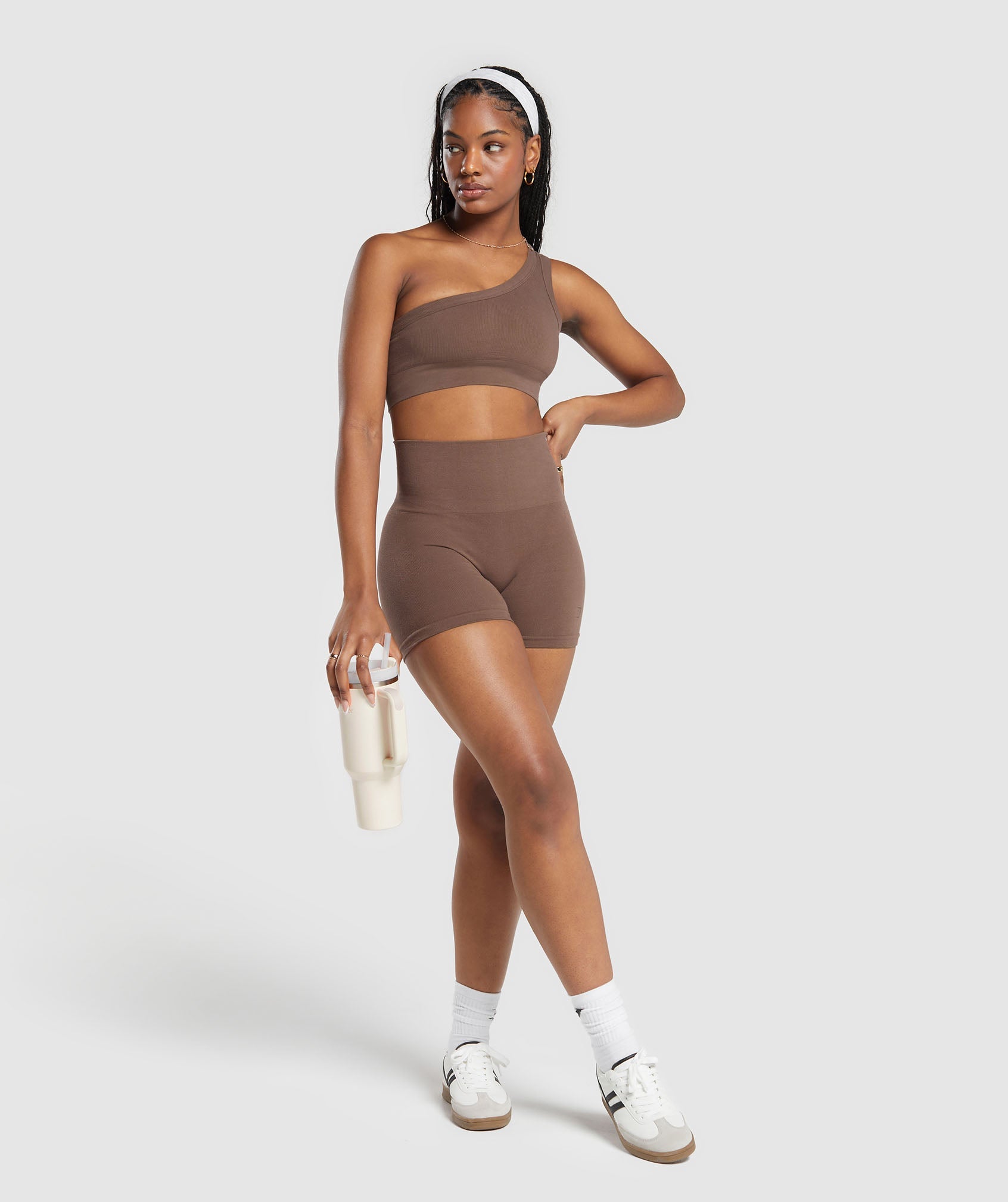Ribbed Cotton Seamless Shorts in Soft Brown - view 4