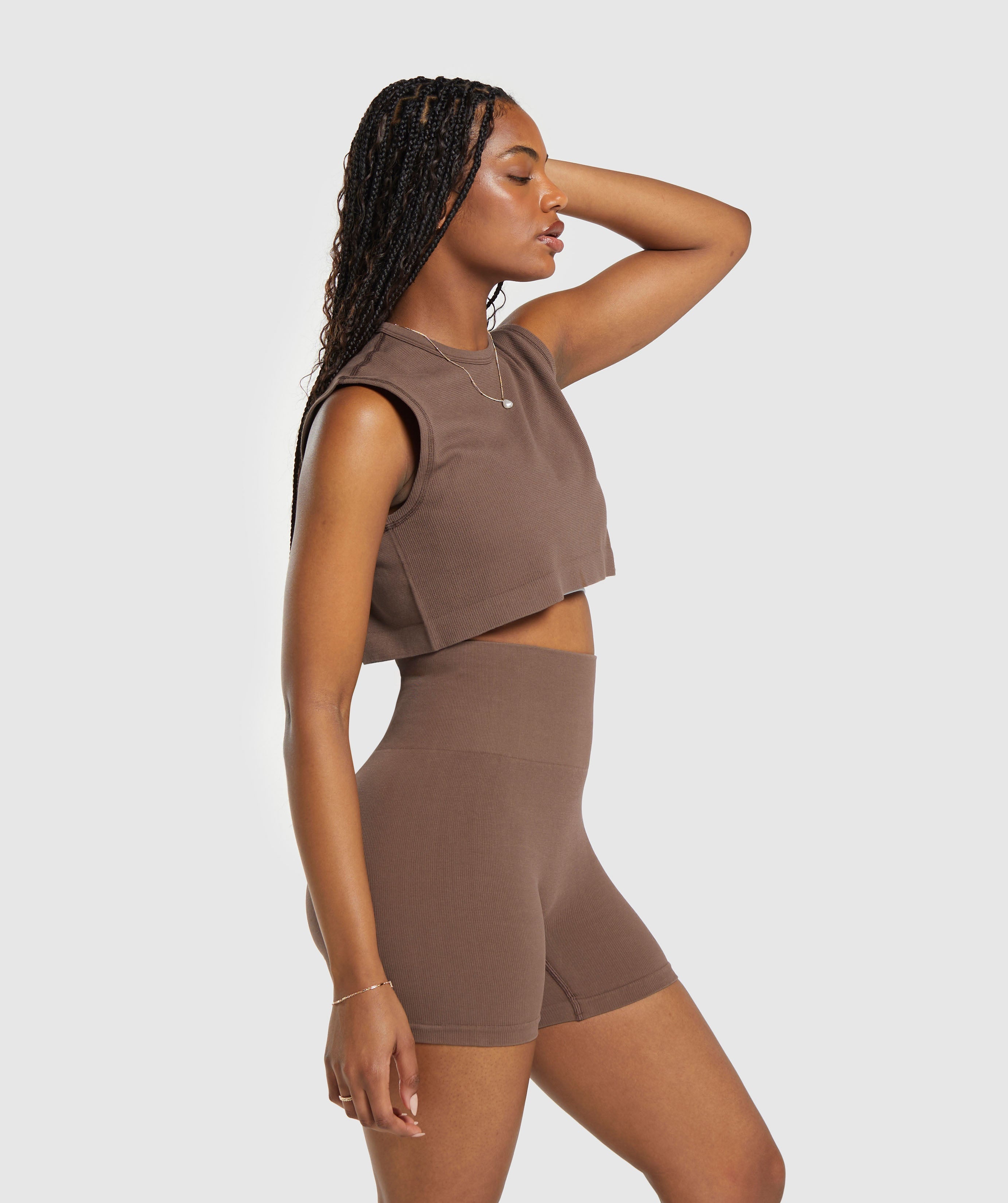 Ribbed Cotton Seamless Tank in Soft Brown - view 3