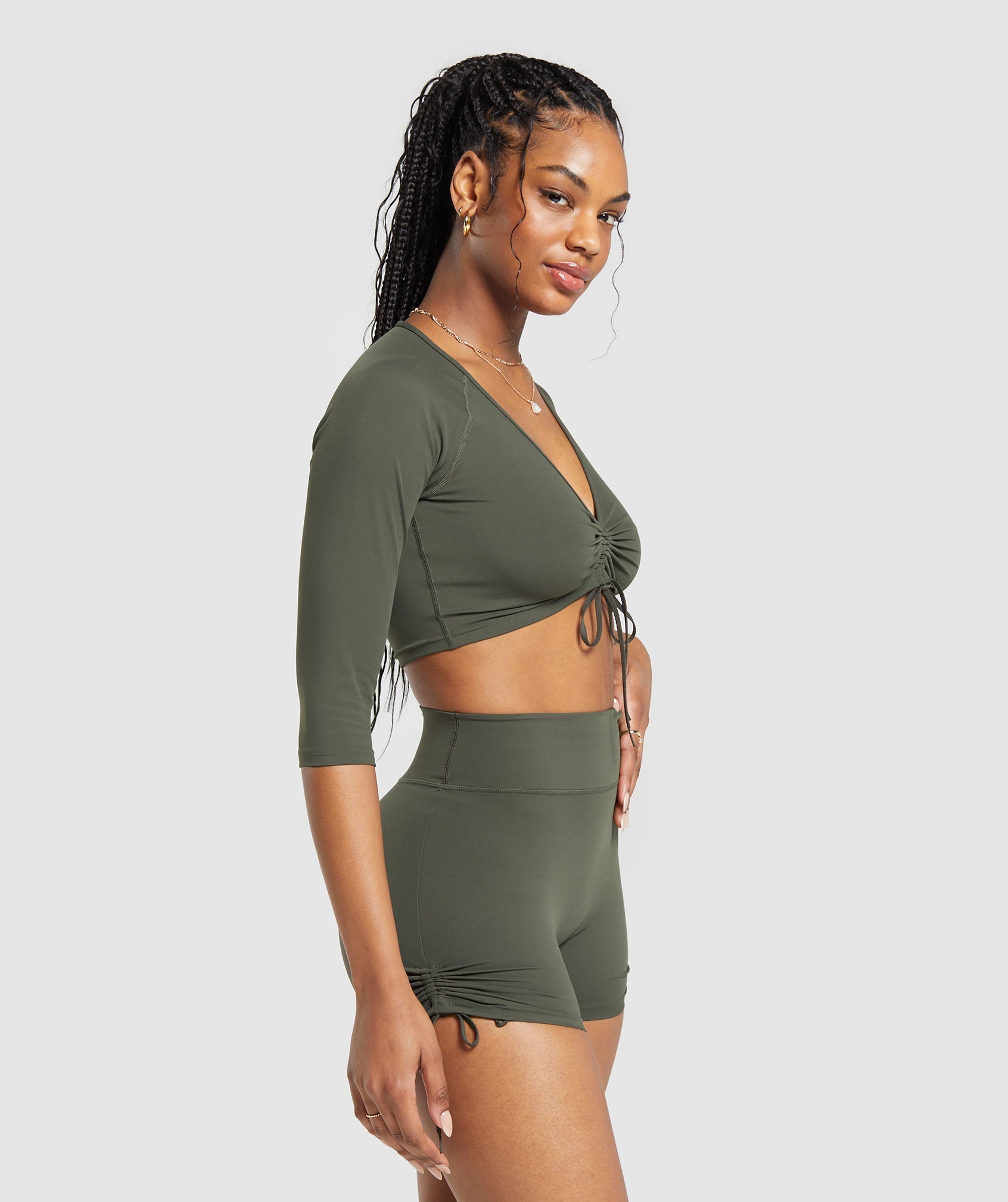 Ruche 3/4 Sleeve Crop Top in Strength Green - view 3