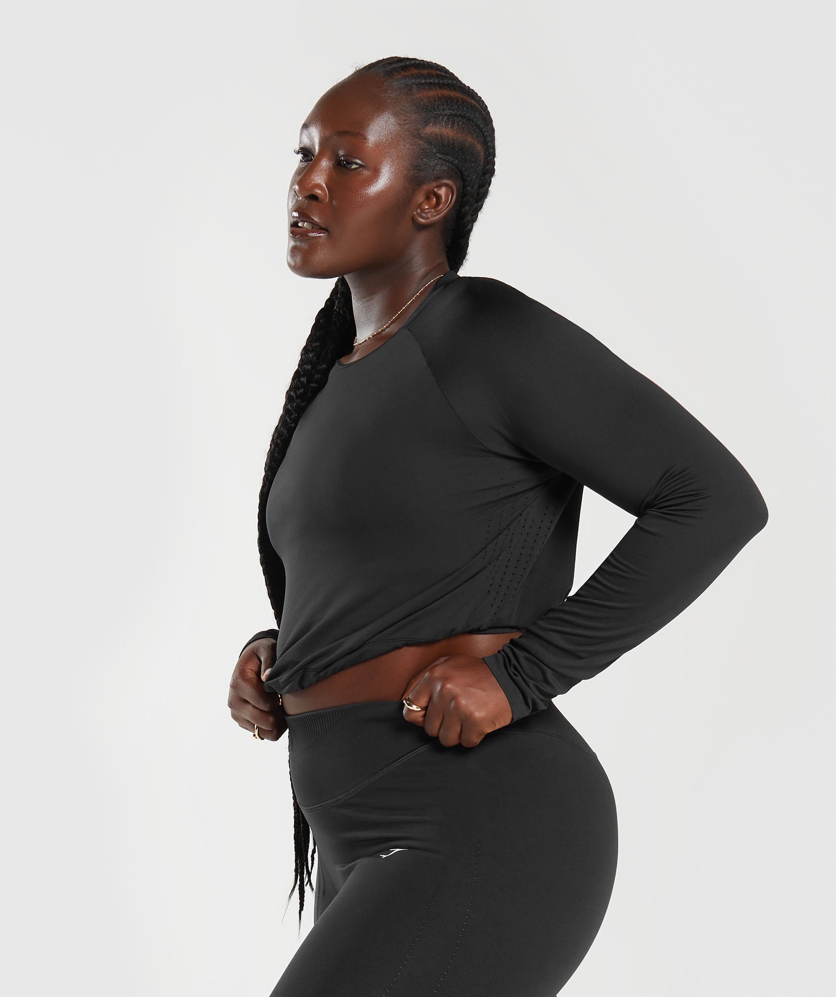 Gymshark Adapt Marl Seamless Long Sleeve Crop Top - VLT, Black/Smokey Grey