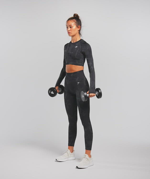 Gymshark Black Gray Camo Long Sleeves Athletic Workout Crop Top Cutout L