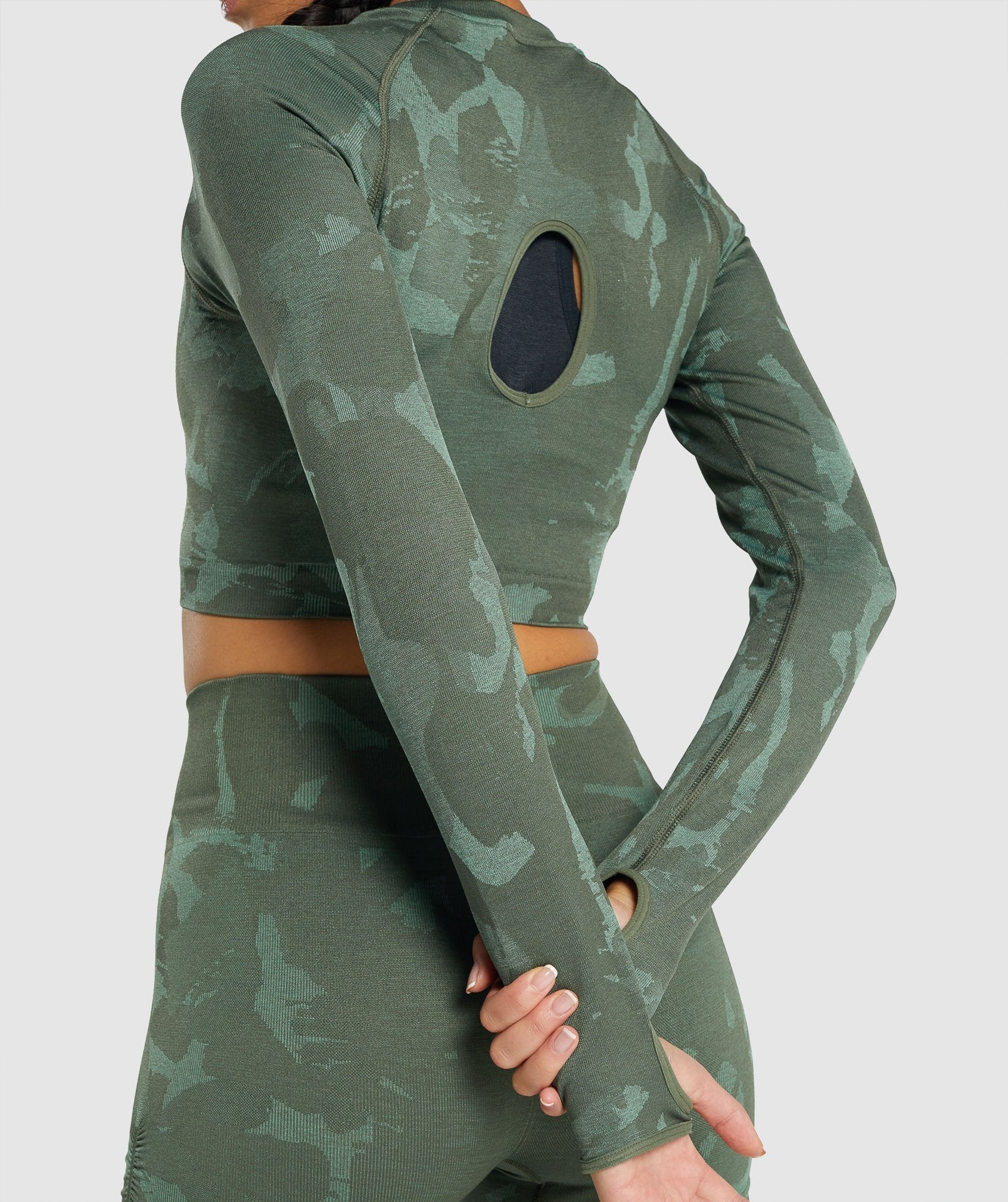 GYMSHARK Adapt Camo Seamless Long Sleeve Crop Top WOMENS X-SMALL Green &  Gray