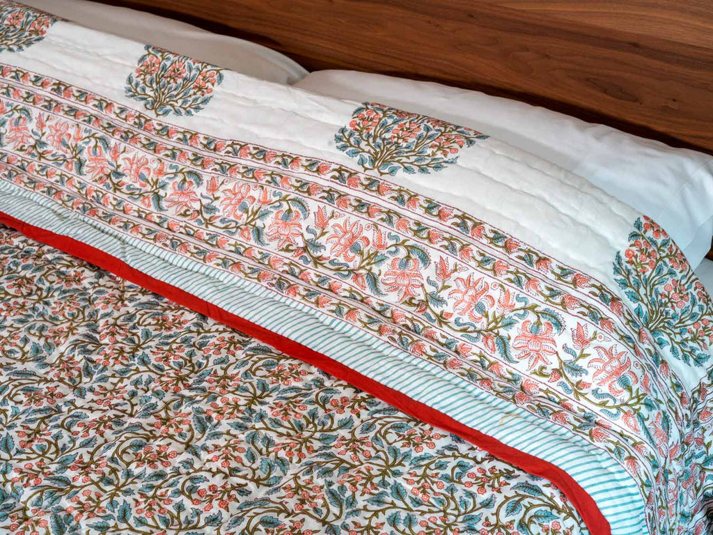 Soft Blue & Rose Printed Cotton Indian Quilt