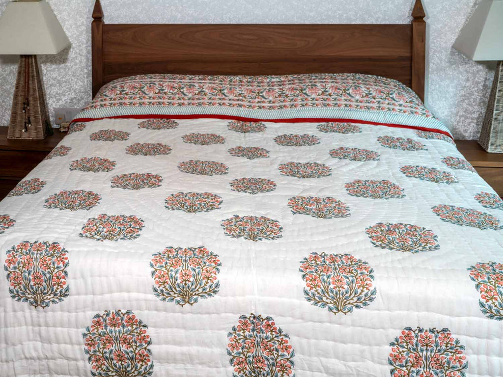 Soft Blue & Rose Printed Cotton Indian Quilt