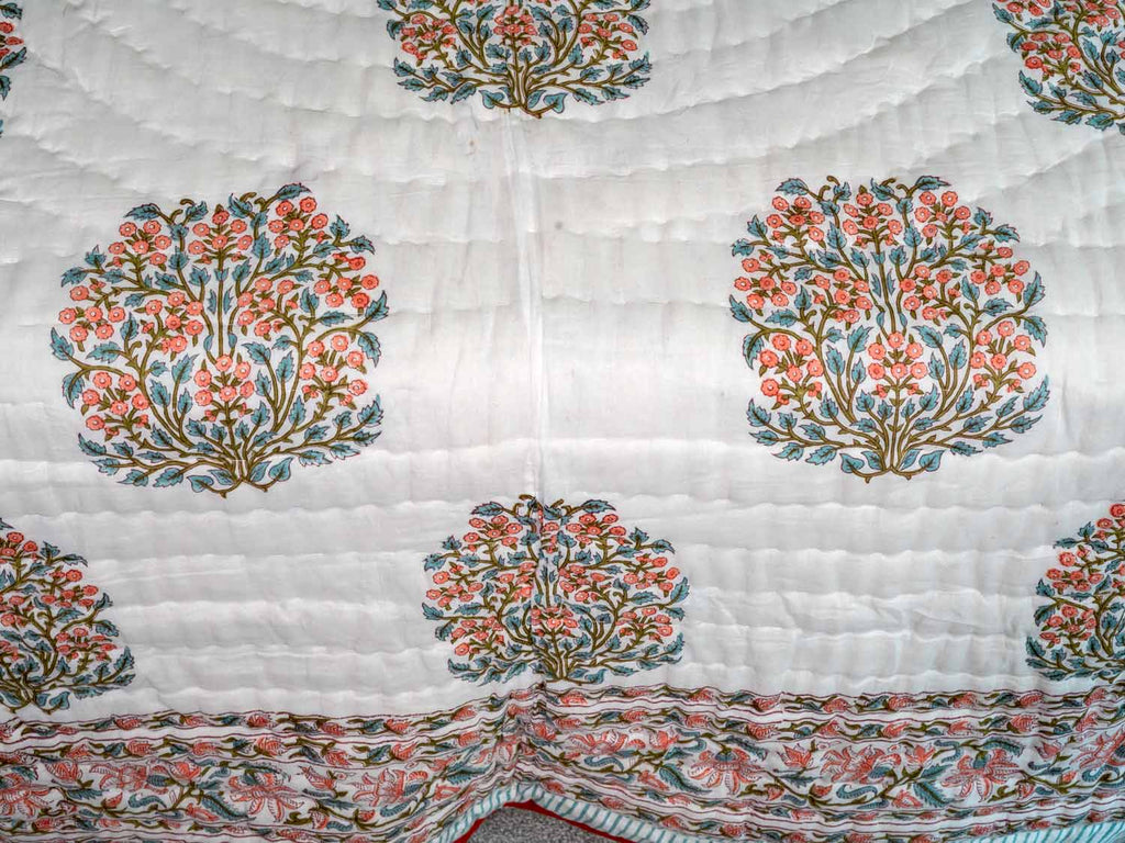 Soft Blue & Rose Printed Cotton Indian Quilt