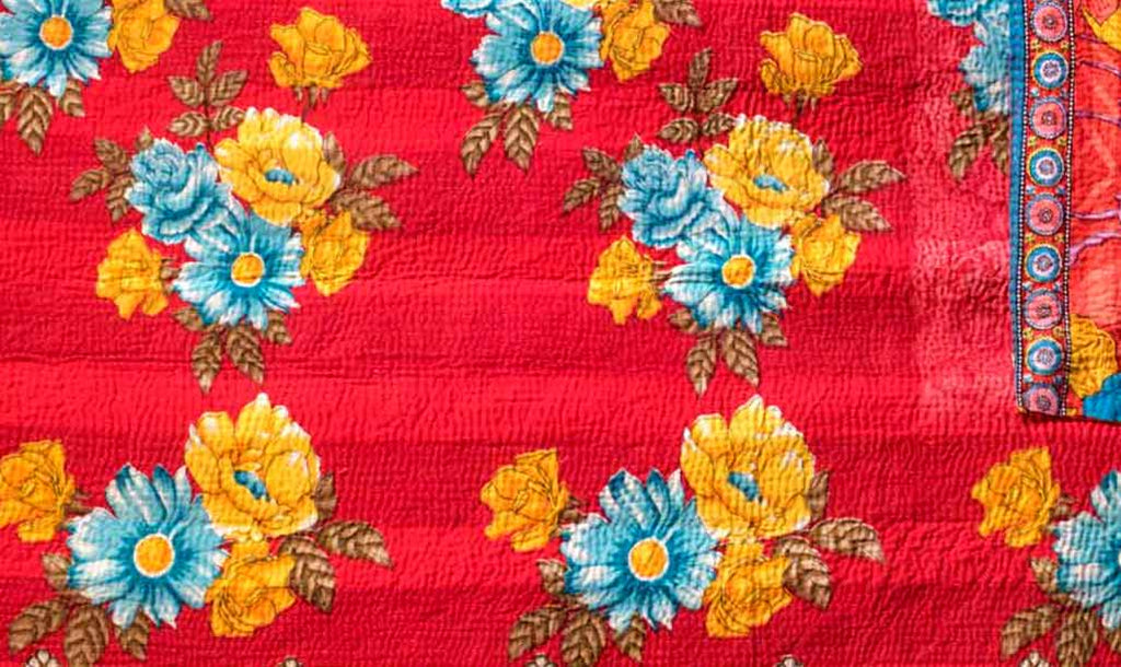 Blue Roses on Red Reversible Vintage Kantha Quilt 