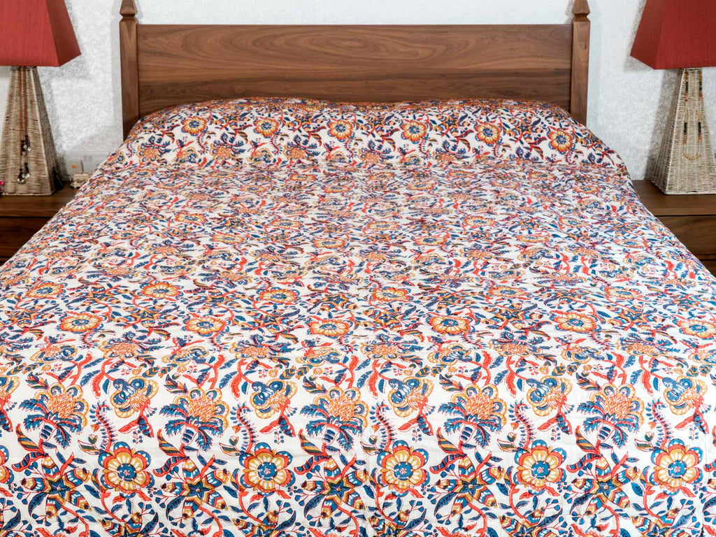 Blue & Rust Floral Printed Indian Quilted Bedspread