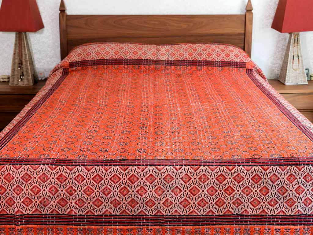 Burnt Orange Ajrakh Printed Cotton Bedspread