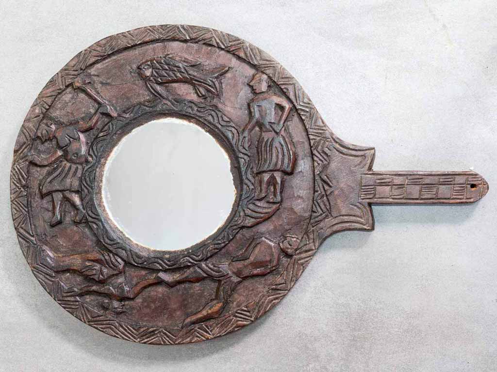 Circular Wooden Mirror with Carvings from Nepal