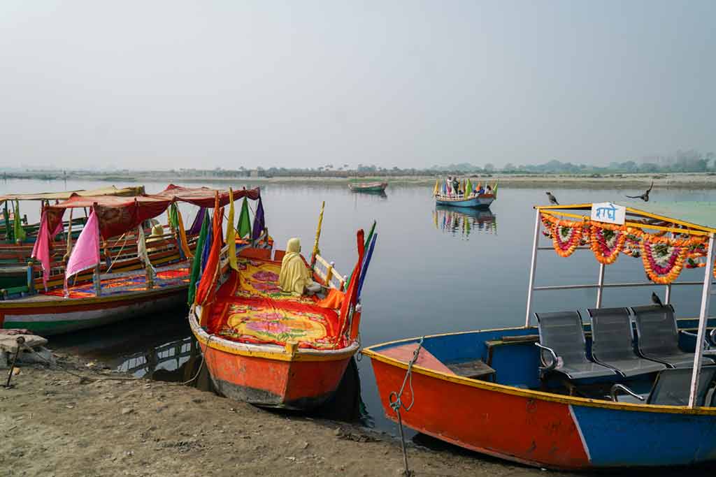 Colourful boats at the riverside, Vrindavan