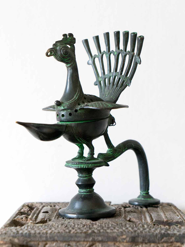 Verdigris Bronze Sculpture of a Peacock Oil Lamp