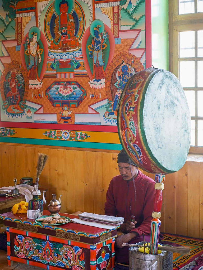 Monk reciting prayers at Gya monastery, Ladakh