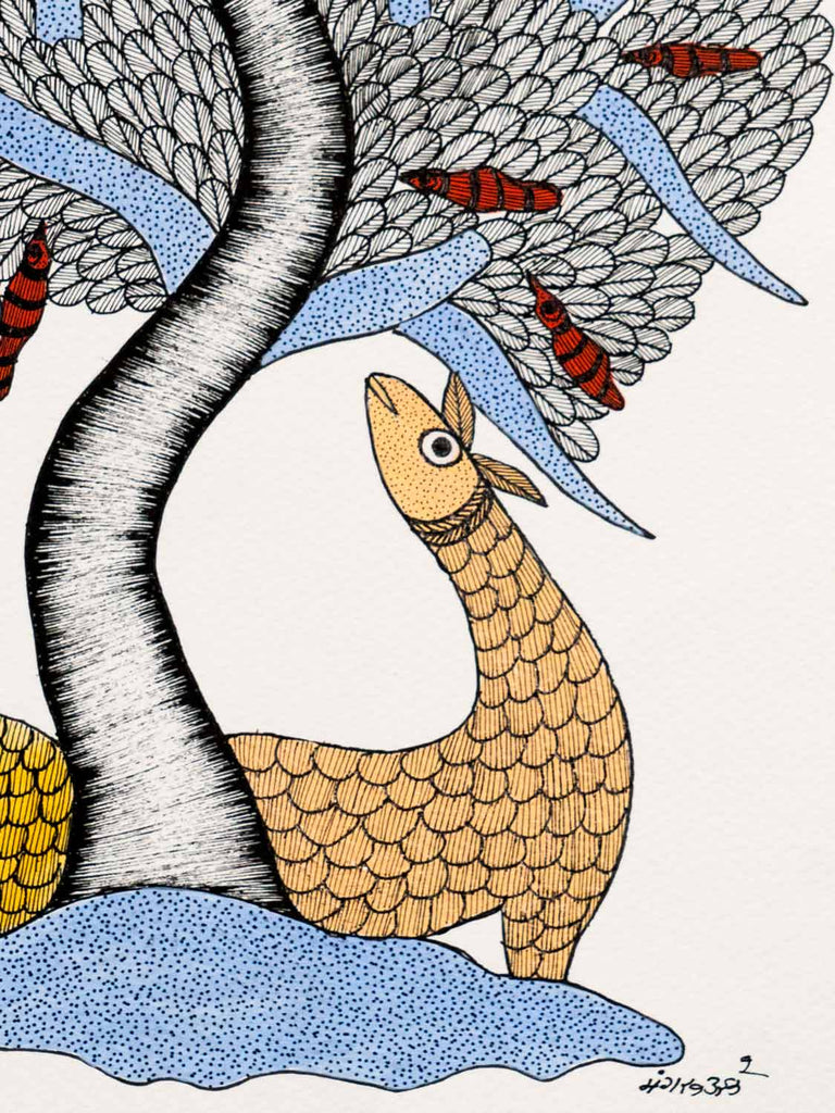Gond Drawing of Two Deer and a Tree