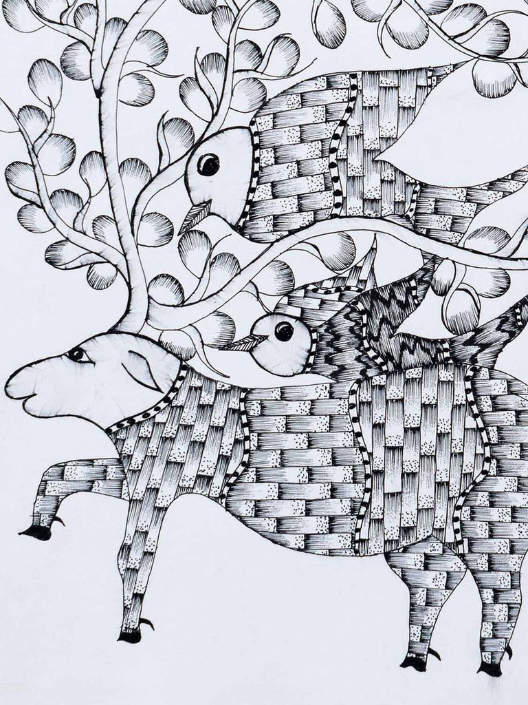 Gond Drawing of a Deer and Birds