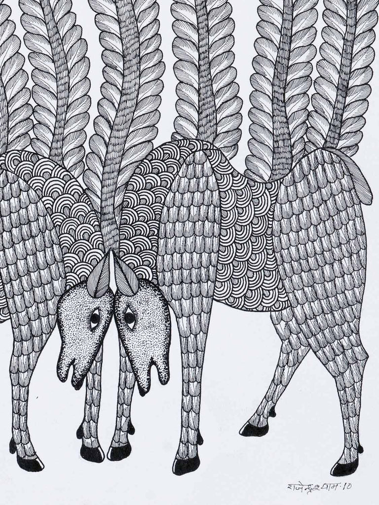 Gond Drawing of Two Animals Head to Head