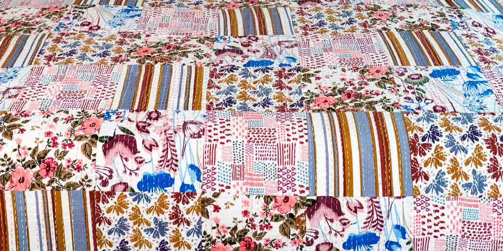 Pink & Blue Patchwork Indian Cotton Bedspread