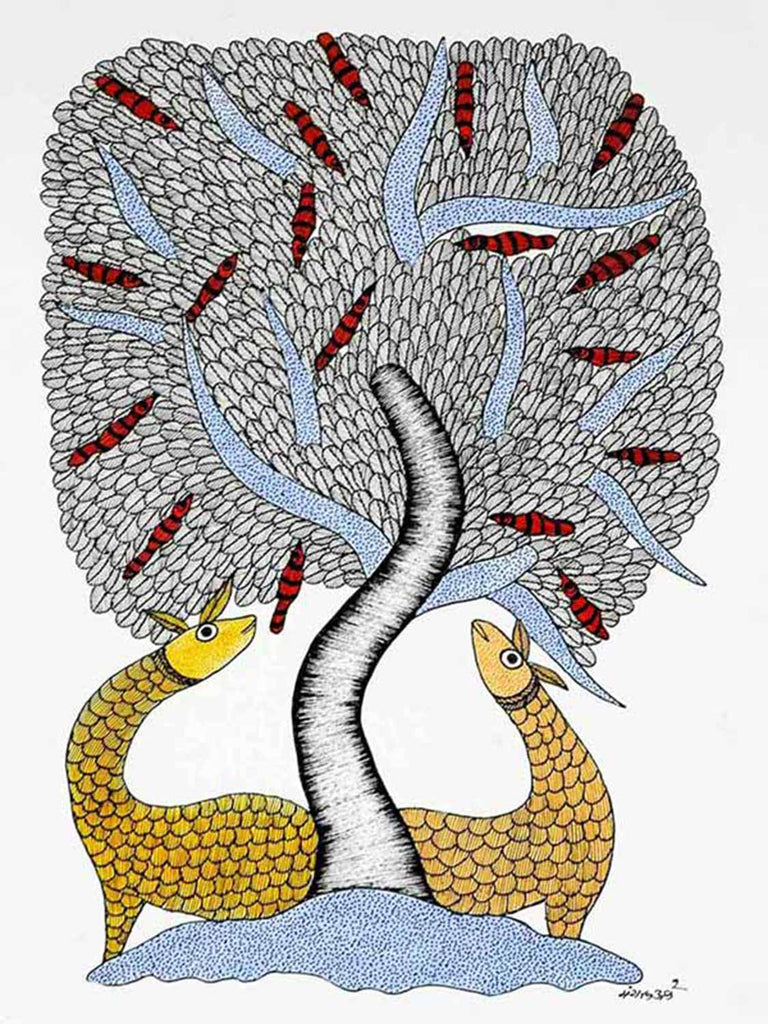 Gond Painting of Two Deer and a Tree
